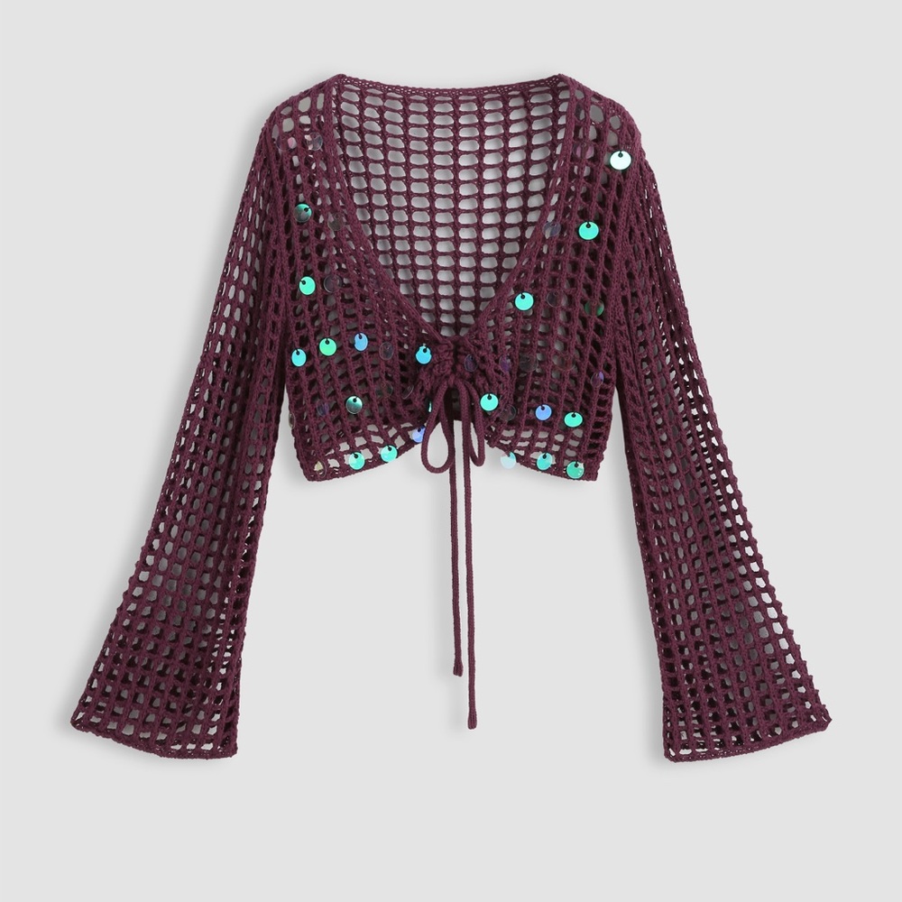 Cider NWT Burgundy Sequin Knotted Knitted Crop Top Size Medium - Picture 2 of 9
